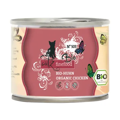 catz finefood Bio N°503 BIO-HUHN ORGANIC CHICKEN, dåse med rød og cremefarvet etiket, Bio-mærke synligt, illustrationer af sommerfugle og kat. Tekst på tysk og engelsk.