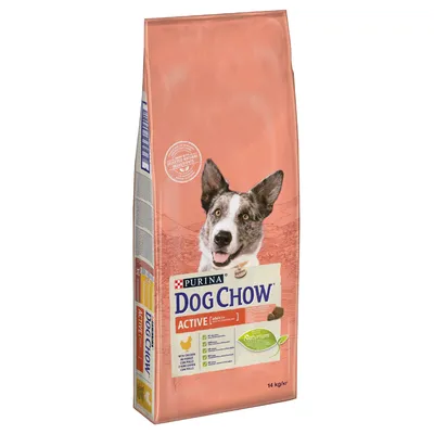 PURINA Dog Chow Active med kylling, Naturium, 14 kg. Synligt billede af en hund på emballagen. Tekst: with chicken, no added artificial colours, for adult dogs.
