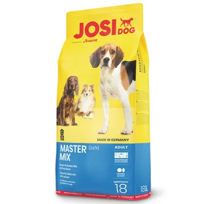 Sacchetto JosiDog Master Mix 18 kg per cani adulti, mix di crocchette multicolore con barbabietola rossa, marchio Josera, Made in Germany, testo in inglese e tedesco visibile. Sacchetto JosiDog Master Mix 18 kg per cani adulti, mix di crocchette multicolore con barbabietola rossa, marchio Josera, Made in Germany, testo in inglese e tedesco visibile.