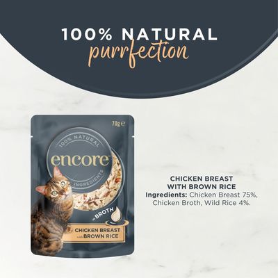 Encore in Broth, chicken breast fillet with natural rice, 100% natural ingredients, 70g. Packaging shows product and cat.