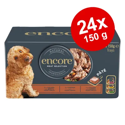 Encore Meat Selection Pâté, 24x150g. Enthält 2x Chicken mit Rind und Gemüse, 2x Chicken mit Gemüse, 1x Chicken mit Lamm und Gemüse. Hergestellt mit natürlichen Zutaten.