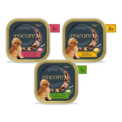 Encore Pâté, 150g: 2x kuracie s hovädzím a zeleninou, 2x kuracie so zeleninou, 1x kuracie s jahňacím a zeleninou. Vyrobené z prírodných surovín.
