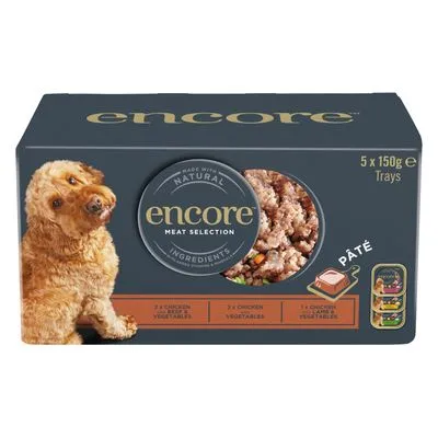 Encore Meat Selection hondenvoer, 5 x 150g trays. Tekst: made with natural ingredients, pâté. Smaken: 2x chicken, beef & vegetables, 2x chicken & vegetables, 1x chicken, lamb & vegetables.