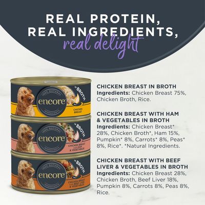 Encore Finest Selection, 100% natural ingredients. 5 x 156g cans: 2x chicken breast, 2x chicken breast with ham and vegetables, 1x chicken breast with beef liver and vegetables in broth.
