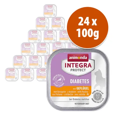 Pack de 24 tarrinas de 100 g Animonda Integra Protect Diabetes con ave. Texto visible: 'Stabiler Blutzucker', 'mit Geflügel', 'bei Diabetes mellitus', 'Urinary pH 6,5–8,0'.