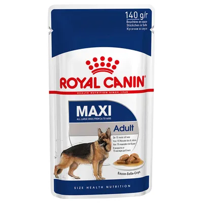 Royal Canin Maxi Adult, кусочки в соусе, для крупных собак от 26 до 44 кг, возраст от 15 месяцев до 8 лет, упаковка 140 г. Royal Canin Maxi Adult, кусочки в соусе, для крупных собак от 26 до 44 кг, возраст от 15 месяцев до 8 лет, упаковка 140 г.