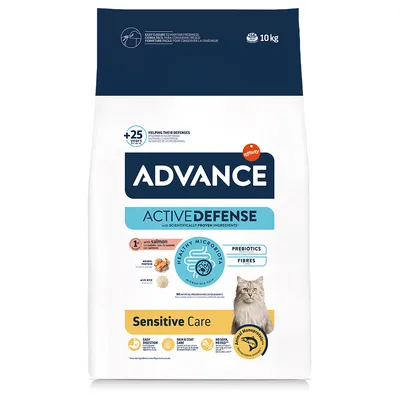 Advance Active Defense Sensitive Care krmivo pro kočky s lososem a rýží, 10 kg. Podporuje zdravou mikroflóru s prebiotiky a vlákninou. Bez umělých barviv a konzervantů.