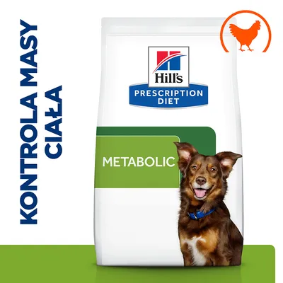 Hill's Prescription Diet Metabolic karma dla psów, kontrola masy ciała, symbol kurczaka, opakowanie z psem. Widoczny napis: KONTROLA MASY CIAŁA.