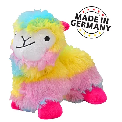 Colourful plush toy in llama shape with yellow, pink and blue fur. Text: Made in Germany.