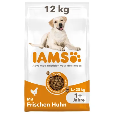 IAMS krmivo pro psy s čerstvým kuřetem, 12 kg, pro psy od 1 roku a nad 25 kg. 100% kompletní a vyvážená výživa.