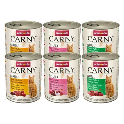 Animonda Carny Adult cibo per gatti, varianti: manzo, pollo e cuori d'anatra; manzo, tacchino e gamberetti; manzo, tacchino e coniglio. 100% ingredienti freschi, senza cereali, Made in Germany.