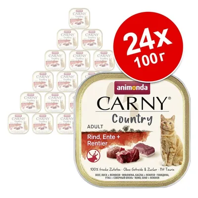 Комплект 24×100 г Animonda Carny Country Adult Rind, Ente + Rentier. Видими са опаковки с изображение на котка и месо, текст: 100% свежи съставки, без зърно и захар, с таурин.