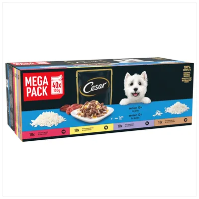 Cesar Mega Pack senior 10+ in jelly, 40 x 100g pouches. Includes rice and meat varieties, with feeding guide and nutritional information shown on packaging.
