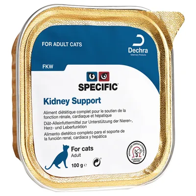 Dechra SPECIFIC Kidney Support FKW, diétás teljes értékű eledel a vesék, a szív és a máj működésének támogatására felnőtt macskák számára, 100 g-os tálca.
