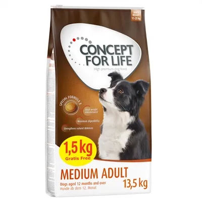 Concept for Life Medium Adult kutyatáp, 13,5 kg csomag 1,5 kg ajándékkal. 12 hónaposnál idősebb, 11-25 kg-os kutyáknak. Special Formula X: ideális testsúly, emésztés, immunrendszer. Concept for Life Medium Adult kutyatáp, 13,5 kg csomag 1,5 kg ajándékkal. 12 hónaposnál idősebb, 11-25 kg-os kutyáknak. Special Formula X: ideális testsúly, emésztés, immunrendszer.
