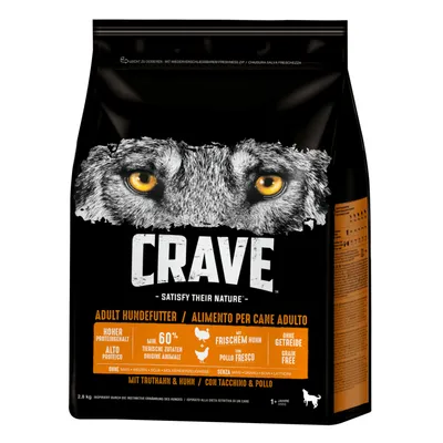Crave Adult dog food with turkey & chicken, high protein content, min. 60% animal ingredients, grain-free, easy to portion, resealable, for dogs from 1 year.