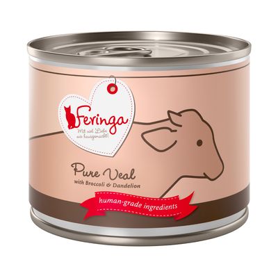 Feringa Pure Veal with Broccoli & Dandelion, text: human-grade ingredients. Bild på konservburk med kalvillustration.