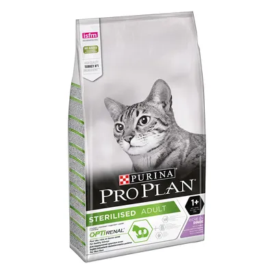 Balení krmiva PURINA PRO PLAN STERILISED ADULT pro dospělé kastrované kočky, OPTIRENAL, RICHE EN DINDE, 1+ let, vyobrazená kočka na obalu.
