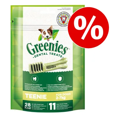 Greenies Dental Treats Teenie voor honden 2–7 kg, 11 stuks, 28 kcal per snack. EVDS-keurmerk zichtbaar. Aanbiedingssymbool met procentteken in rood cirkel rechtsboven.