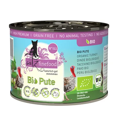 Catz Finefood Bio kalkun, DE-ÖKO-006, tysk landbrug, uden tilsat sukker, ingen dyrelidelse, kornfri, 94% kødandel, synligt øko-certifikat.