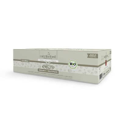 Lot de 6 boîtes catz finefood Bio : Bio Pute, Bio Ente, Bio Schwein, Bio Huhn, Bio Rind, Bio Lachs. Inscriptions : grain free, no animal testing, bio. Certificat bio visible.