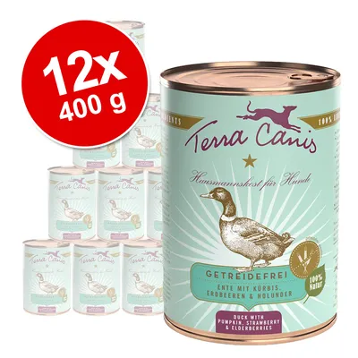 12x400 g Terra Canis Hausmannskost für Hunde, Getreidefrei, Ente mit Kürbis, Erdbeeren & Holunder. Duck with pumpkin, strawberry & elderberries. 100% Natur synlig på dåserne.
