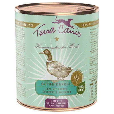 Terra Canis Hausmannskost for dogs, grain-free. Duck with pumpkin, strawberry and elderberry. 100% food grade, 100% natural.