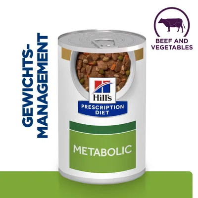 Boîte Hill's Prescription Diet Metabolic, texte visible : GEWICHTS-MANAGEMENT, BEEF AND VEGETABLES. Étiquette verte, morceaux de viande et légumes visibles à l’ouverture.