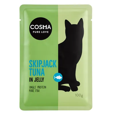 Cosma Pure Love Skipjack Tuna w galarecie, pojedyncze źródło białka, czysta ryba, 100g. Opakowanie z sylwetką kota.