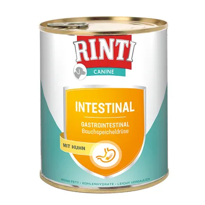 Conservă Rinti Canine Intestinal, text vizibil: Gastrointestinal Bauchspeicheldrüse, mit Huhn, wenig Fett, Kohlenhydrate, leicht verdaulich. Etichetă portocalie cu simbol stomac.
