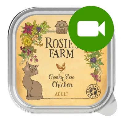 Przycisk odtwarzania wideo. Kliknij tutaj, aby obejrzeć film dotyczący produktu Rosie's Farm Chunky Stew Chicken Adult Grain Free Recipe.