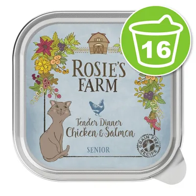 Rosie's Farm Tender Dinner Chicken & Salmon SENIOR, recette sans céréales, lot de 16 barquettes. Illustration d’un chat et d’une poule sur l’emballage. Rosie's Farm Tender Dinner Chicken & Salmon SENIOR, recette sans céréales, lot de 16 barquettes. Illustration d’un chat et d’une poule sur l’emballage.