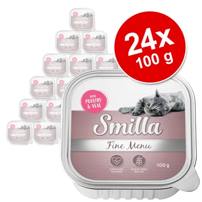 Smilla Fine Menu z drobiem i cielęciną, zestaw 24 x 100 g. Na opakowaniu kot, napisy: contains taurine, grain-free recipe. Smilla Fine Menu z drobiem i cielęciną, zestaw 24 x 100 g. Na opakowaniu kot, napisy: contains taurine, grain-free recipe.