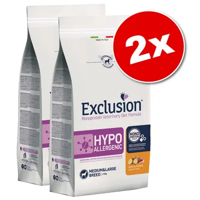 Lot de 2 sacs Exclusion Hypoallergenic Monoprotein Veterinary Diet Formula, Medium & Large Breed >10 kg, Duck & Potato. Texte visible : Made in Italy, Mono Protein, Hypoallergenic.