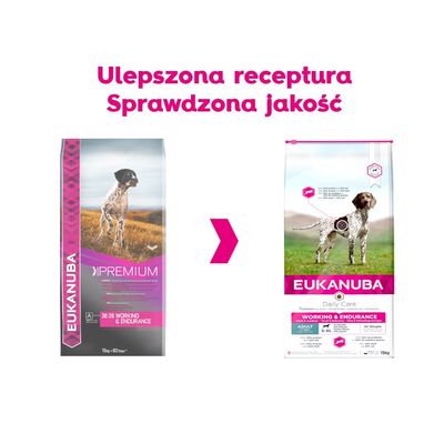 Porównanie opakowań karmy Eukanuba Working & Endurance: stare po lewej, nowe po prawej. Napis: Ulepszona receptura, Sprawdzona jakość.