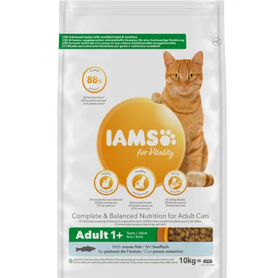 IAMS for Vitality Adult 1+ kissanruoka, merikala, 10 kg. 88 % eläinproteiinia. Näkyvissä tekstit: Healthy skin & coat, Healthy urinary tract, Strong muscles.