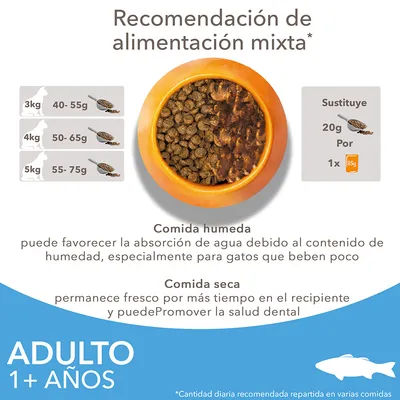 Recomendación de alimentación mixta para gatos adultos: 3 kg 40–55 g, 4 kg 50–65 g, 5 kg 55–75 g. Sustituye 20 g de pienso por 1 sobre de 85 g comida húmeda. Adulto 1+ años.