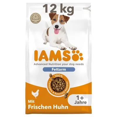 IAMS fettarmes Hundefutter mit frischem Huhn, 12 kg, für Hunde ab 1 Jahr. Recycelbare Verpackung, 100% ausgewogene Ernährung.