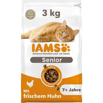 IAMS Senior kattenvoer 3 kg, 7+ Jahre, mit frischem Huhn, 100% Complete & Balanced Nutrition, Advance Nutrition your cat needs, afbeelding van oranje kat op verpakking. IAMS Senior kattenvoer 3 kg, 7+ Jahre, mit frischem Huhn, 100% Complete & Balanced Nutrition, Advance Nutrition your cat needs, afbeelding van oranje kat op verpakking.