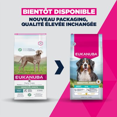Sac de croquettes Eukanuba Daily Care Sensitive Joints pour chien adulte, articulations sensibles, toutes races S–XL, tous poids, 12 kg. Favorise des articulations saines.