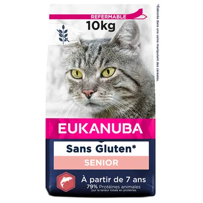 Sac Eukanuba 10 kg pour chat senior, sans gluten*, refermable, à partir de 7 ans, 79 % protéines animales, mention « élaboré dans une usine manipulant des céréales » visible.
