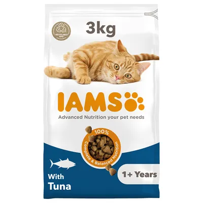 3kg bag labelled IAMS, advanced nutrition your pet needs, with tuna, 100% complete and balanced nutrition, suitable for 1+ years, recyclable bag. 3kg bag labelled IAMS, advanced nutrition your pet needs, with tuna, 100% complete and balanced nutrition, suitable for 1+ years, recyclable bag.