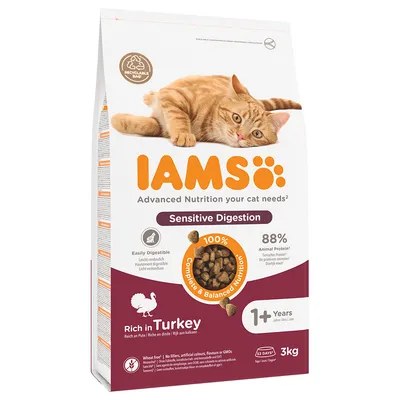 IAMS Sensitive Digestion macskaeledel, 88% állati fehérje, pulykahússal, 1+ év, búzamentes, 3 kg, 100% teljes értékű és kiegyensúlyozott táplálás, könnyen emészthető
