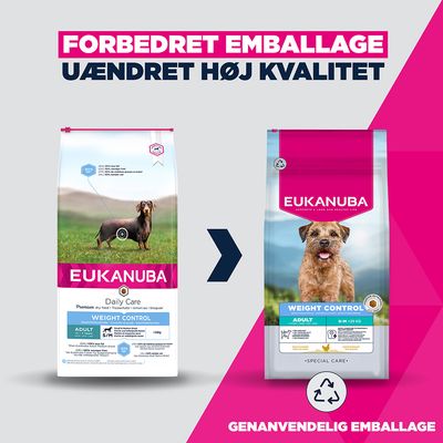 Eukanuba Adult Weight Control hundefoder: Billedet viser den gamle og den nye taske med en henvisning til forbedret, genanvendelig emballage med samme høje kvalitet.