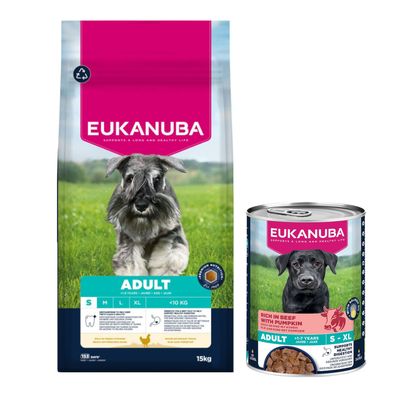 15kg Eukanuba Premium Nutrition Dry Dog Food + 3x400g Wet Dog Food Free! * Adult Small Breed Chicken (15kg) + Adult Rich in Beef with Pumpkin (3 x 400g)