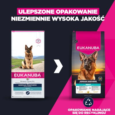 Porównanie starego i nowego opakowania Eukanuba German Shepherd Adult, uwaga: opakowanie nadaje się do recyklingu.