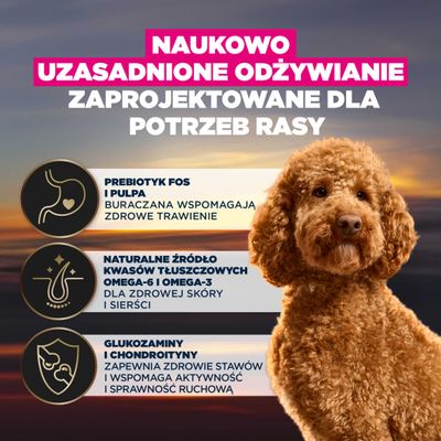Naukowo opracowane żywienie, stworzone z myślą o potrzebach rasowych: prebiotyk FOS i wysłodki buraczane, kwasy Omega-6 i Omega-3, glukozamina i chondroityna dla zdrowia.