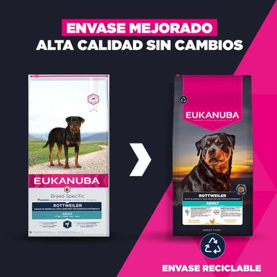 Eukanuba Rottweiler Adulto. Cambio de envase a un recipiente reciclable, la calidad permanece inalterada. Breed Specific Adult.