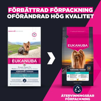 Jämförelse mellan den gamla och nya förpackningen av Eukanuba Yorkshire Terrier Adult. Förbättrad, återvinningsbar förpackning med fortsatt hög kvalitet.