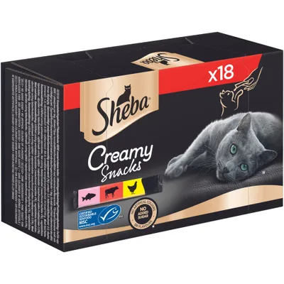 Embalagem Sheba Creamy Snacks x18. Certificado MSC, sem corantes artificiais nem açúcar adicionado. Ilustrações de peixe, frango e gato visíveis na frente da caixa. Embalagem Sheba Creamy Snacks x18. Certificado MSC, sem corantes artificiais nem açúcar adicionado. Ilustrações de peixe, frango e gato visíveis na frente da caixa.